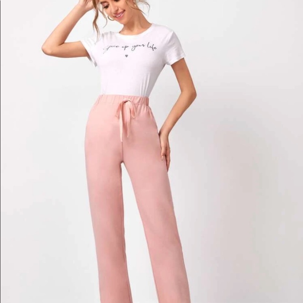 Pink Drawstring Waist Solid Pants - Picture 7 of 8